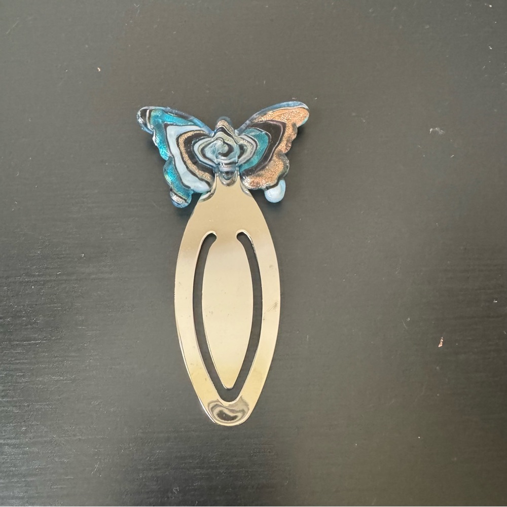 Vintage Metal Butterfly Bookmark Aqua Gold Slip-On Paper Clip